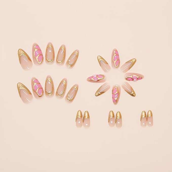 Flower Almond Press on Nails Medium Fake Nails with 3D Gold Line Pink Floral Designs Acrylic Nails Full Cover Stick on Nails Chrome Gold Line French Artificial Nails Glue on Nails for Women 24Pcs
