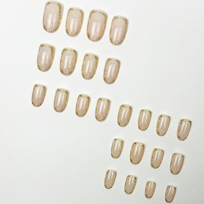 Medium Almond Press on Nails Nude Fake Nails with Gold Glitter Design Acrylic Nails Press ons Full Cover Marble Stripes Stick on Nails Reusable Glossy Glue on Nails for Women Girls Manicure 24Pcs