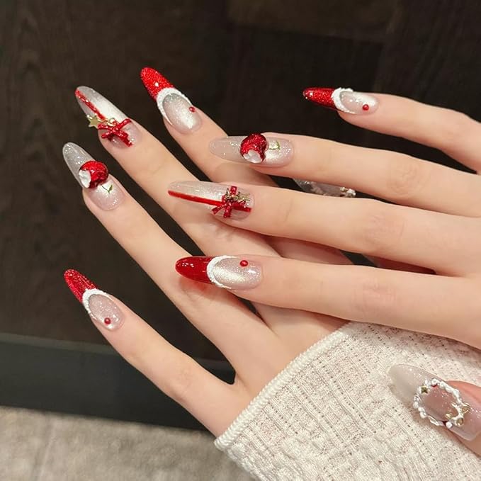 Handmade Press on Nails Long Stiletto Fake Nails Christmas French Tip with 3D Stars Bow apple Designs Red Glitter Cute Acrylic Nails for Women 10pcs (Size M）