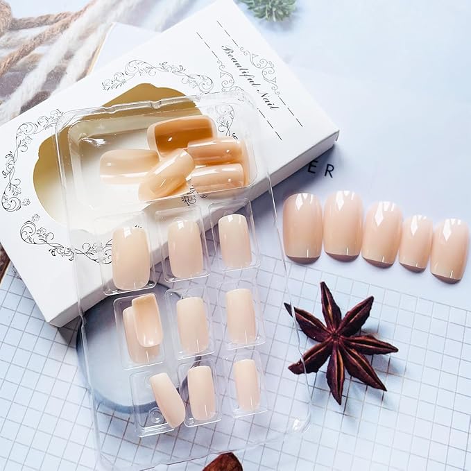 Medium Square Press on Nails Nude Fake Nails with Glossy Designs Full Cover Stick on Nails Gradient Nude Pink Coffin False Nails Acrylic Salon Manicure Reusable Glue on Nails for Women 24pcs