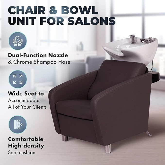 Buy-Rite Shelby Backwash Unit – Professional Salon Shampoo Chair with Tilting Porcelain Bowl, Dual Nozzle, Vacuum Breaker, Wide Padded Seat, Lumbar Support & European Design – Espresso, YLG-556-ESP