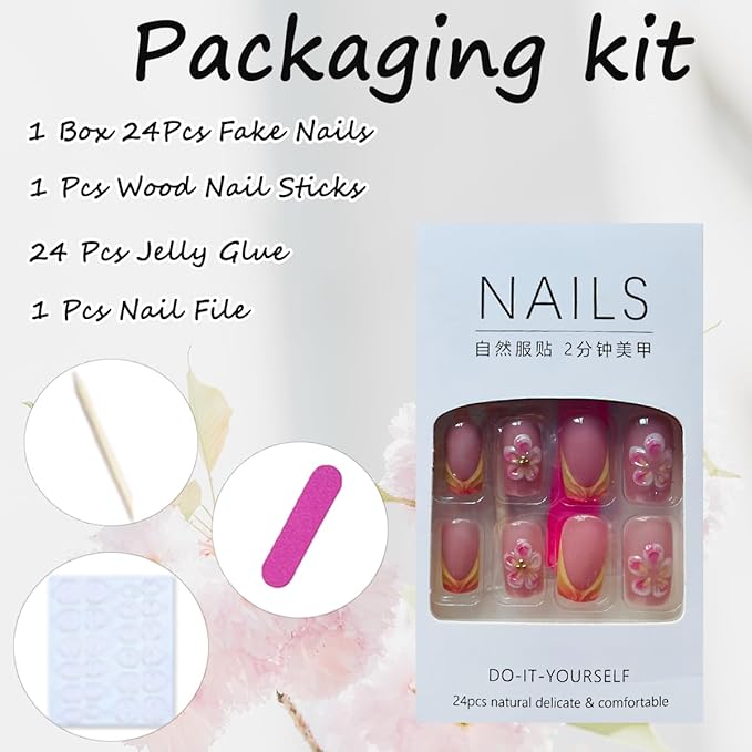 French Tip Press on Nails Medium Square Fake Nails with Design Glossy Pink Nail Tips Artificial Glue on Nails 3D Handmade Press ons Flower Acrylic Nails Reusable Stick on Nails for Women 24 Pcs