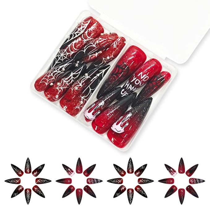 48Pcs Halloween Press on Nails Long Stiletto Fake Nails Spider-Web False Nails with Self-Adhesive Jelly Nail Glue Tabs,Red Artificial Nails Almond Acrylic Full Cover Stick on nails for Women Manicure