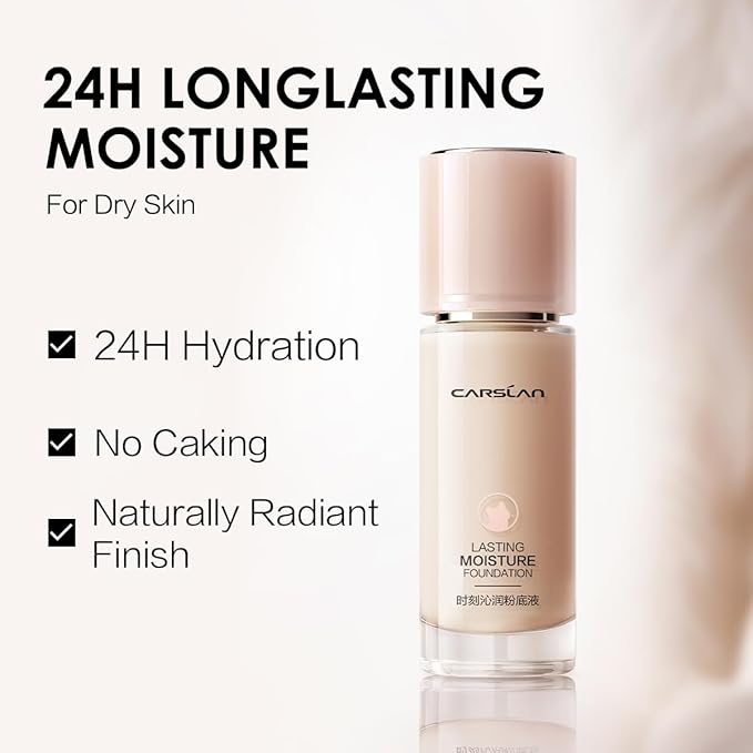 CARSLAN Lasting Moisture Foundation, 24H Longlasting Medium Coverage Dewy Finish Face Makeup, Poreless, Lightweight, Hydrating Liquid Foundation For Dry Skin, W01
