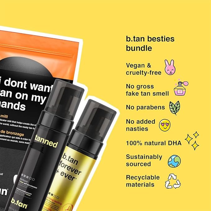 b.tan Dark & Long Lasting Self Tan Kit | Besties Bundle - Dark Tanning Mousse Duo with Mitt Applicator Glove, 1 Hour Express, Fast Sunless Tanner, Face & Body, No Fake Tan Smell, Vegan & Cruelty Free