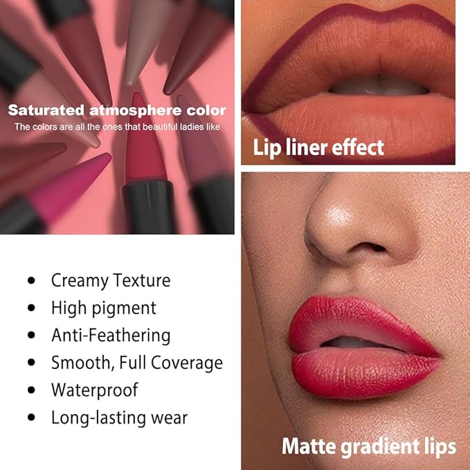 evpct Bright Red Gradient Matte Lipstick Lip Liner Combo Set for Older Women Long Lasting Waterproof, Big Red Lips Stick Crayon Pencil Cream Lip Liner and Lipstick Combo Makeup, Flawless Ombre Effect
