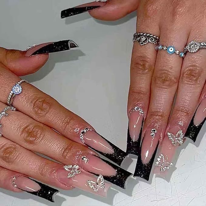 Press on Nails Long Rhinestone Pink Fake Nails Black Square Bling Glossy Artificial Nails Finger Manicure for Women and Girls-24pcs (Long Nails 1)
