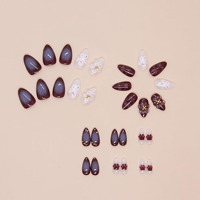 3D Purple Flowers Press on Nails Medium Almond Fake Nails with Purple Flower Charms Design Gold Beads False Nails Floral Glue on Nails Purple White Artificial Stick on Nails for Women Girls 24Pcs