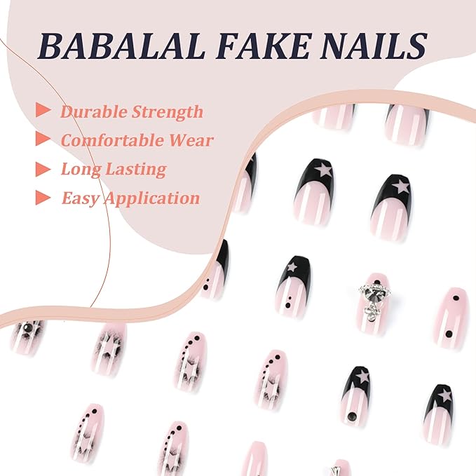 BABALAL Coffin Press on Nails Medium Fake Nails Black Glue on Nails French Ballerina Acrylic Nails with Star Design Goth Stick on Nails for Women and Girls 24Pcs