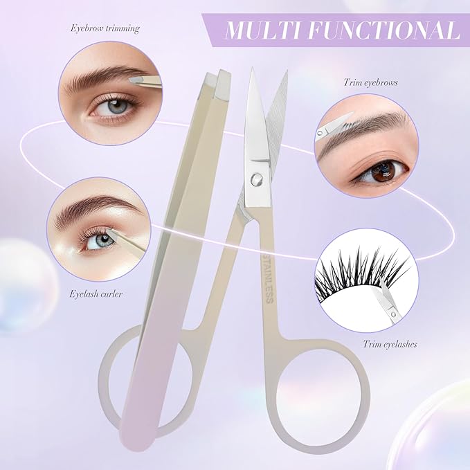 6 PCS Tweezers Set for Women, Eyebrow Tweezers Set with Curved Scissor for Ingrown Hair, Plucking Daily Beauty Tool with Leather Travel Case for Gifts (Gradient Purple)