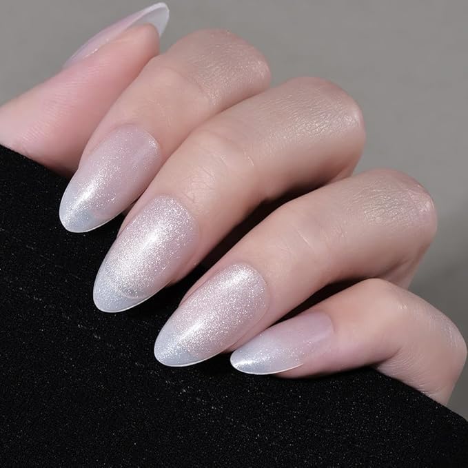 evpct Cat Eye Press on Nails Almond Short, Cat Eye Stick on Nails Press on, Pearl White Glitter Short Almond Press Glue on Nails, Fake Nails Press ons with glue, 30Pcs Reusable Acrylic Fake Nails Kit