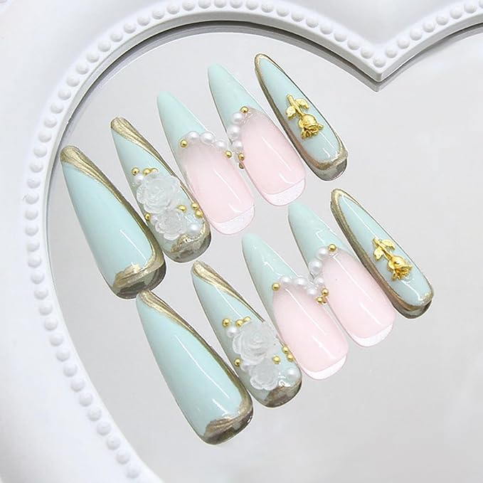24Pcs Green French Tip Press on Nails Long Almond Fake Nails with 3D Rose Flower Pearl Rhinestones Design Acrylic False Nails Gold Lines Glue on Nails Glossy Full Cover Stick on Nails for Women Girls