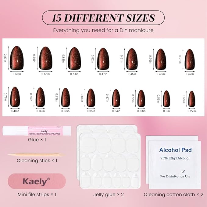 Cat Eye Dark Red Press On Nails Short Almond 30 Pcs, Designer Reusable Acrylic Fake Nails with Glue, Glossy Soft Gel Nails Wedding and Party, Stick On Glue On Nails, Nails fro Women Gift