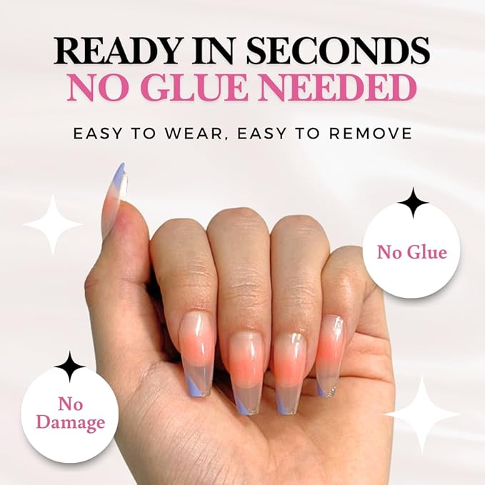 Perfect Look Press On Nails - Twilight Blush | No Glue One-Day Medium Coffin Nails, Peach Ombre with Purple French Edge - 24 Pcs Nail Kit with Adhesive Tabs