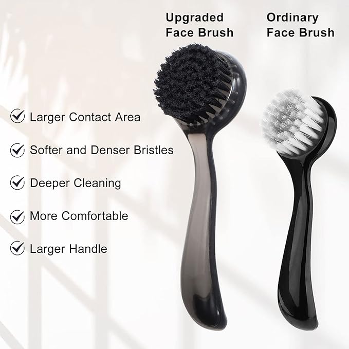 4 Pcs Handheld Face Scrubber, Facial Cleansing Brush Charcoal Black Bristles Face Exfoliator Soft Brush with Lid for Gentle Deep Cleansing and Exfoliating, Large Black+Small Purple