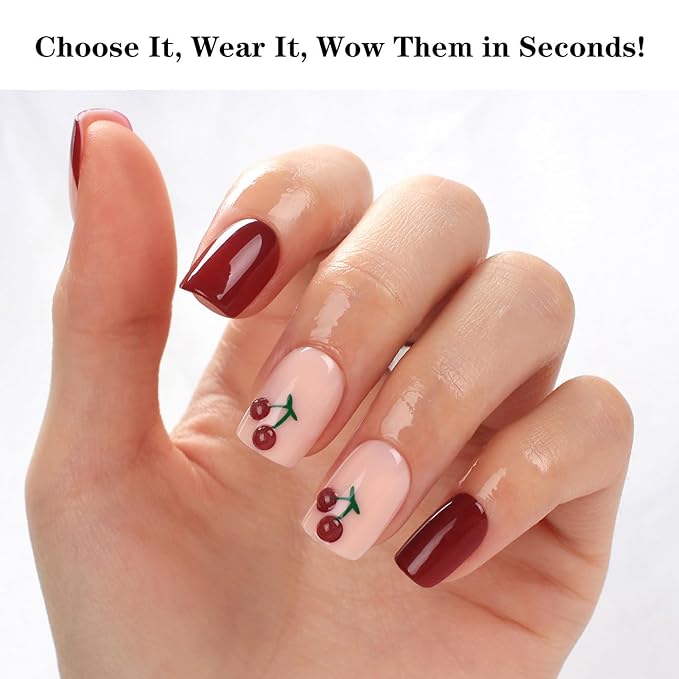 Cherry Press On Nails Short Square Shape – Glossy French Tip Fake Nails with 3D Cherry Design, 30PCS Reusable Acrylic Stick On Nails with Glue Kit, Cute Red & Pink False Nails for Women