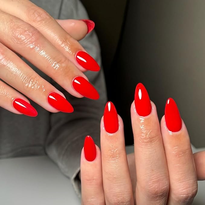 48Pcs Bright Red Press on Nails Almond Fake Nails Glue on Nails Medium Length Almond Shaped Nails Press ons, Stiletto Nails False Nails for Women, Medium Almond Nails, Thick Natural Acrylic Gel Nails