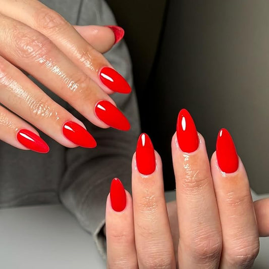 48Pcs Bright Red Press on Nails Almond Fake Nails Glue on Nails Medium Length Almond Shaped Nails Press ons, Stiletto Nails False Nails for Women, Medium Almond Nails, Thick Natural Acrylic Gel Nails