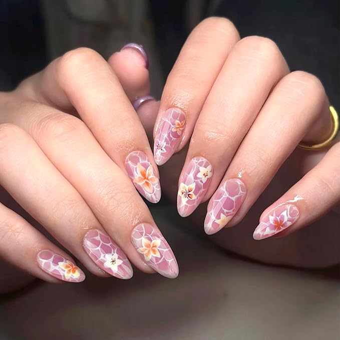 24Pcs Flower Press on Nails Medium Almond Fake Nails Marble Pattern Cute Floral Nail Art False Nails Short Almond-shaped Full Cover Reusable Artificial Nails Handmade False Nails for Women