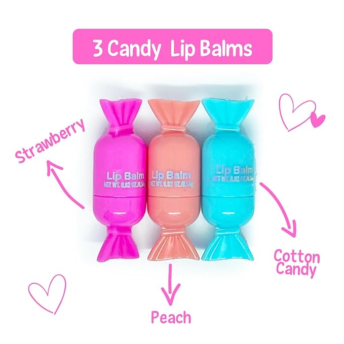 Hot Focus | Bag Makeup Set for Kids, Includes Makeup Kit with Keychain Backpack, 3 Tinted Lip Balms, Eyeshadow with Applicator, and Vinyl Stickers | Suitable for Ages 3+ (Candy)