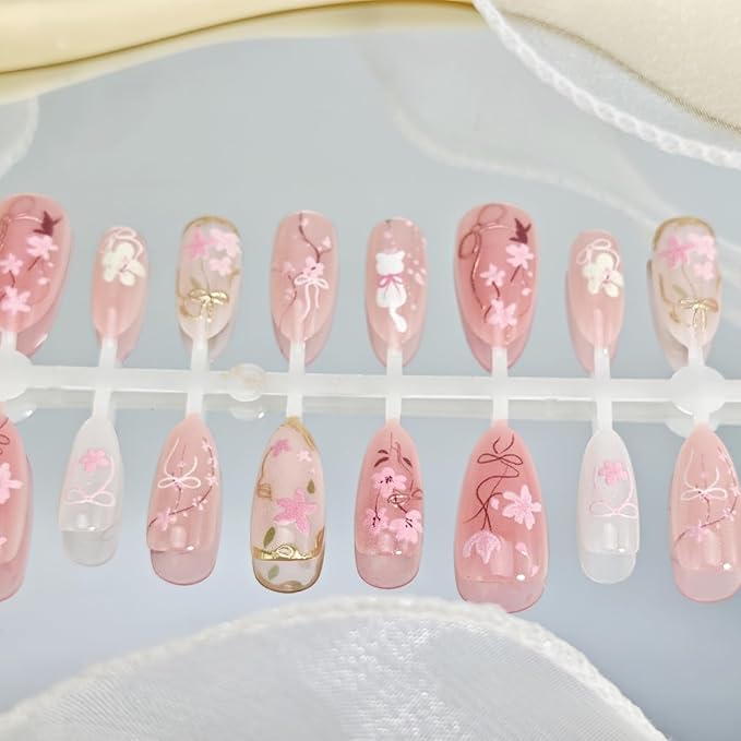 30Pcs Pink Press on Nails Medium Almond Fake Nails Gilding Cherry Blossoms Bow Designs Full Cover Spring Summer Nails Cute Cat Stick on Nails Handmade False Nails for Women Girls Acrylic Nails Decor