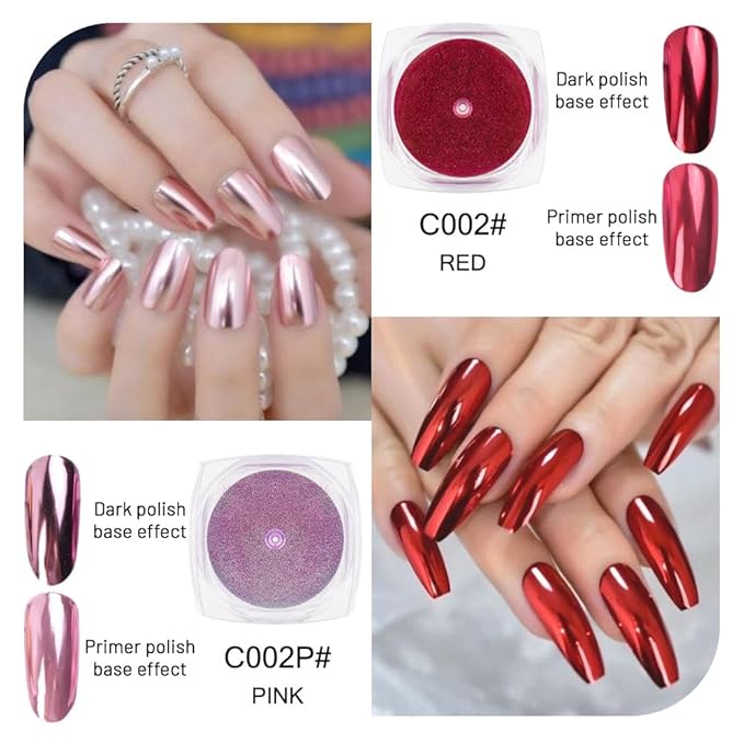 evpct 2Pcs Red Rose Gold Metallic Mirror Effect Chrome Nail Powder Kit for Nails Polish Rainbow Holographic Iridescent Chameleon Neon Nail Pigment Mirror Chrome Nail Powder for Gel Nails Glitter
