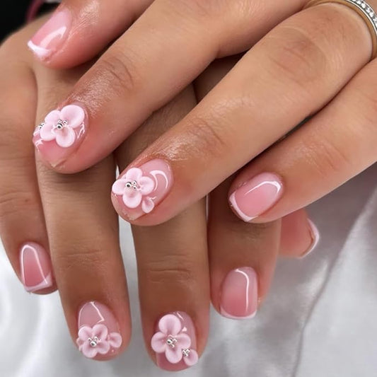 24Pcs French Tip Press on Nails Short Square Fake Nails 3D Flower False Nails with Charms Summer Glue on Nails Full Cover Glossy Gradient Pink Acrylic Nails White Flower Stick on Nails for Women