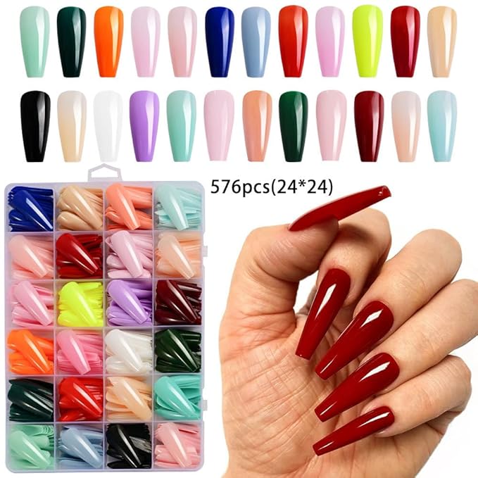 576Pcs Long Press on Nails Coffin Fake Nails Solid Color False Nails Full Cover Glossy Acrylic Glue on Nails Reusable Artificial Acrylic Stick on Nail for Women Manicure 24 Color