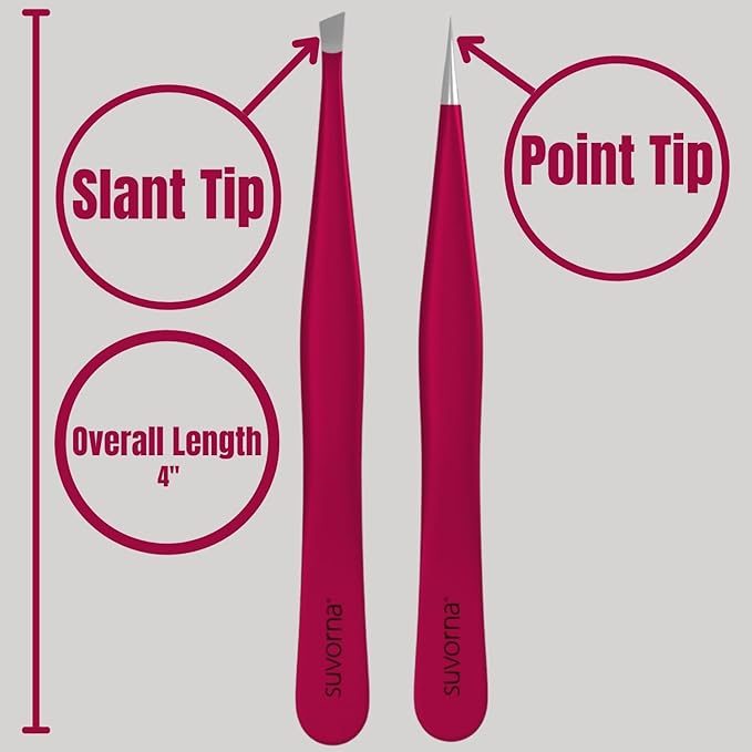 Suvorna Professional Tweezers for women facial hair - Sharp Pointed Tweezer & Slanted Eyebrow Tweezers for Women - Eyebrow Tweezer for Women, Lash tweezers and Splinter removal (4-inch size, Pink)