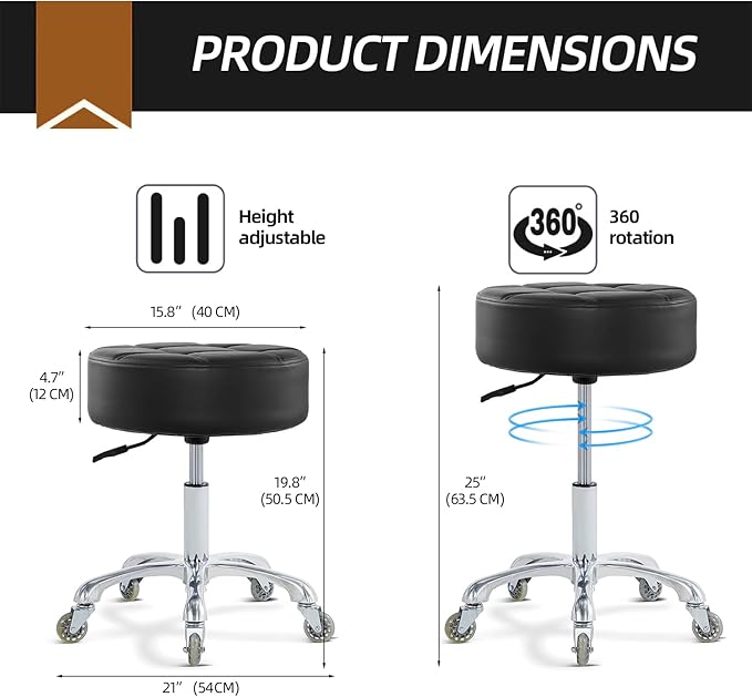 Rolling Stool with Wheels Adjustable Height, Roller Stool for Massage Medical Tattoo Spa Heavy Duty Swivel Desk (Super Thick Cushion, Black)