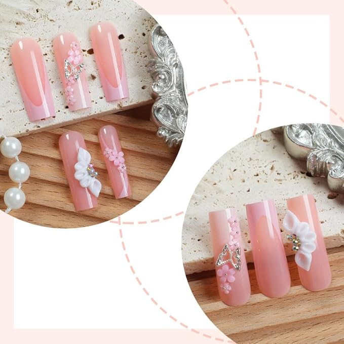 Long Press on Nails Square Fake Nails French Tip False Nails Pink Artificial Nails with Flowers Designs Stick on Nails for Women 24pcs