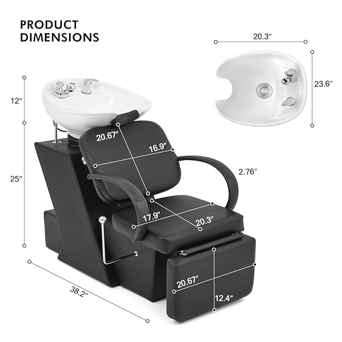 Artist hand Shampoo Bowl, 47" Ceramic Bowl Chair Adjustable Backwash Shampoo Station Footrest Salon Equipment(White Bowl)