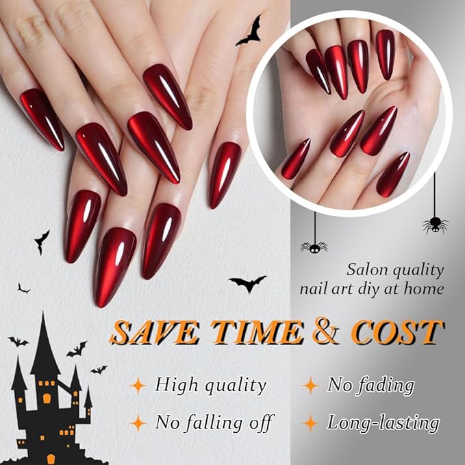 evpct Dark Red Cat Eye Press on Nails Almond Long, Stick on Glue on Nail Long Almond for Women Gift with Glue, Bloond Red Metallic Glitter Soft Gel Reusable Press on Acrylic Fake Nail with Designs