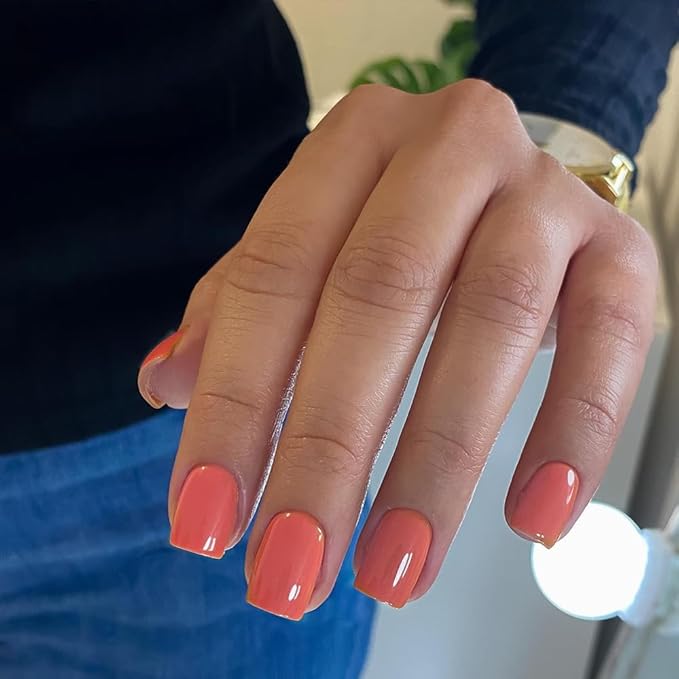 Short Square Press on Nails Orange,KQueenest Spring Gel Fake Nails Pure Color Natural Petite Nails Solid Stick on Nails for Daily Office Manicure