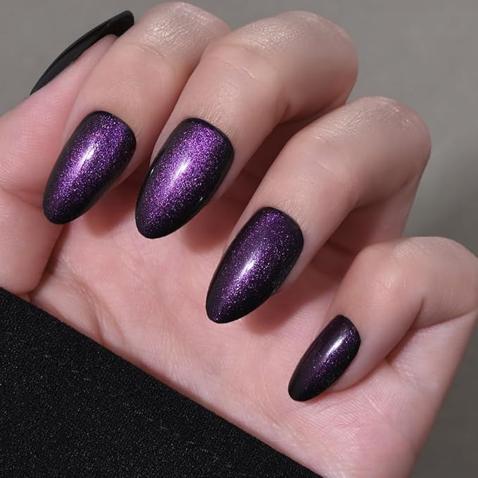 Cat Eye Purple Press On Nails Short Almond 30 Pcs, Designer Reusable Acrylic Fake Nails with Glue, Glossy Soft Gel Nails Wedding and Party, Stick On Glue On Nails, Nails fro Women Gift