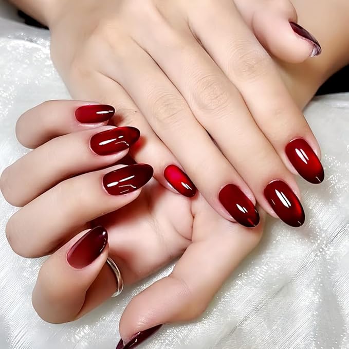 Cat Eye Red Press On Nails Short Ovale 30 Pcs, Designer Reusable Acrylic Fake Nails with Glue, Glossy Soft Gel Nails Wedding and Party, Stick On Glue On Nails, Nails for Women Gift
