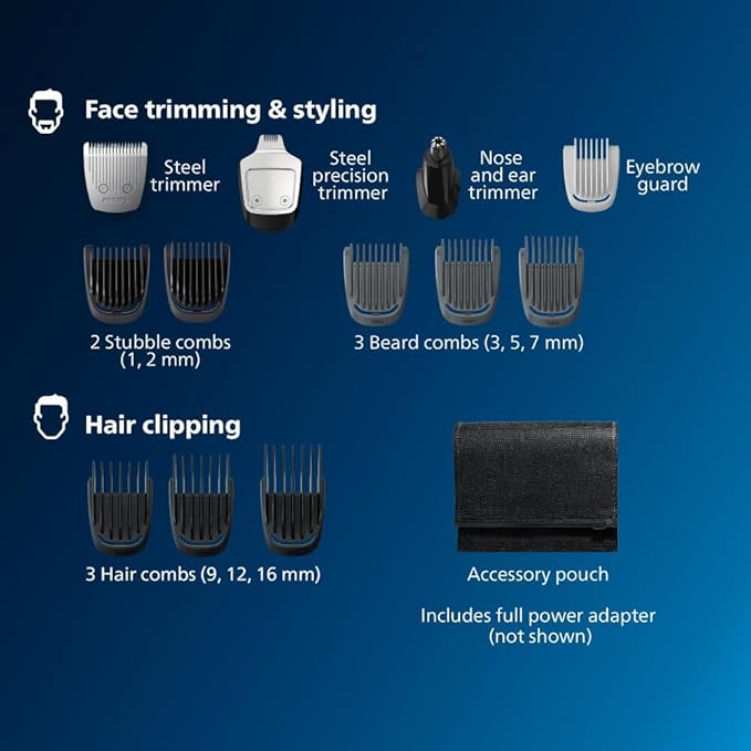 Philips Norelco Multigroom 3000 Series, All-in-One Trimmer, Beard Trimmer and Hair Clipper, 15-Piece Men's Grooming Kit for Head, Beard, Face, Nose, Ears, No Blade Oil Needed, Soft Pouch, MG3770/40