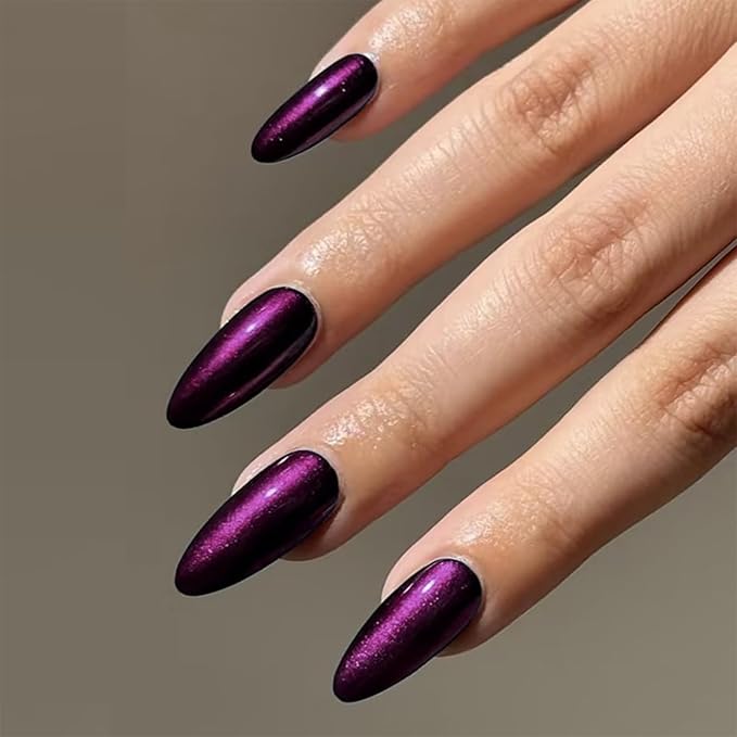 IMRAIN Cat's Eye Press on Nails Almond Medium Purple Plastic False Nails 24Pcs Glossy Gel Glue on Nails Reusable Acrylic Stick on Nails Manicure Kit for Women
