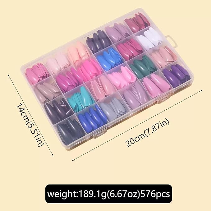 576Pcs Long Press on Nails Coffin Fake Nails Solid Color False Nails Full Cover Glossy Acrylic Glue on Nails 24 Color Reusable Artificial Nail Stick on Nail for Women Manicure