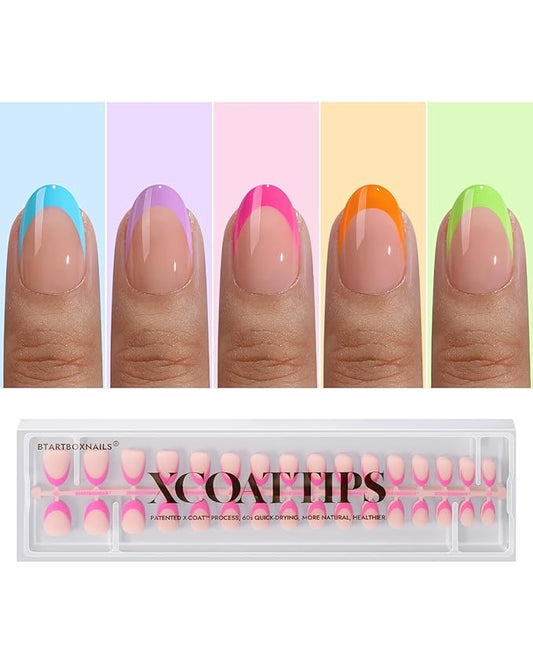 BTArtboxnails XCOATTIPS Brighter Pastel French Tip Press On Nails - Extra Short Almond Press On Nails, Soft Gel Nail Tips, 160Pcs Soak Off Acrylic Colorful Fake Nail Extension in 16 Sizes