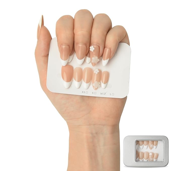 3D White Floral Press On Nails - Handmade Nude Base White French-Tip Medium Almond Salon Gel Acrylic Nails -Reusable Full Set 10pcs (Dancing Petals, Size M)