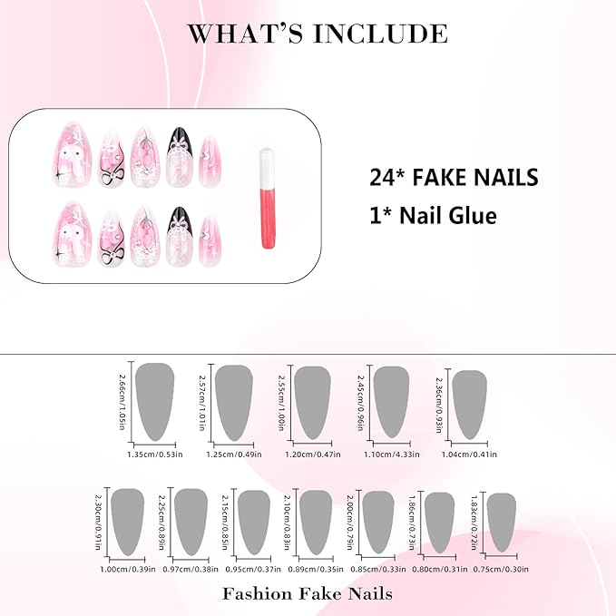 IMRAIN Press on Nails Medium Almond Fake Nails Pink Ombre Acrylic Gel False Nails with Cute Rabbit & Bow Designs Black French Nail Supplies Glossy Glitter Glue on Nails Y2K Stick on Nails 24Pcs