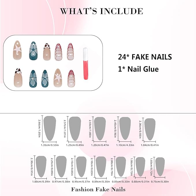 IMRAIN Press on Nails Medium Almond Fake Nails French Tip False Nails Crocodile Print Acrylic Nails Press ons Full Cover Glue on Nails Pink Blue Stick on Nails for Women Star 24Pcs