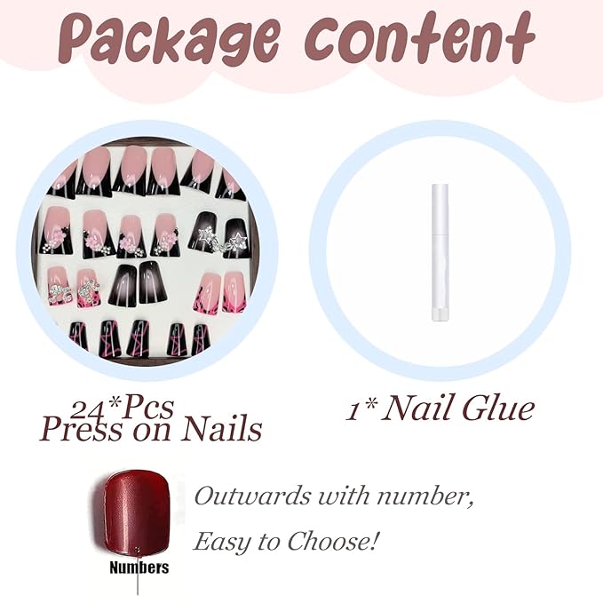 BABALAL Duck Nails Press on Short Fake Nails Black Pink Glue on Star Charm Y2k Stick on Acrylic 24Pcs Duck Bill Gothic Manicure Reusable Artificial Full Cover False Nail
