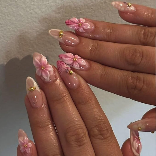 24Pcs Almond Press on Nails Medium Fake Nails with 3D Flower Design French Glue on Nails Pink Floral Acrylic Nail Gold Beads Charms Full Cover Stick on Nails Embossed Flower Nails Tips for Women