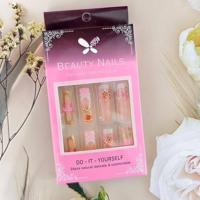24Pcs Long Press on Nails French Tip Fake Nails with 3D Flower Butterfly Designs Pink Gold Floral Bow Nail Charms Artificial Acrylic Nails Luxury Glue on False Nails for Women Manicure Decorations