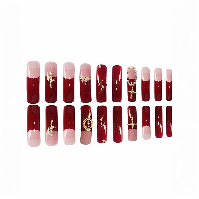 BABALAL Curved Press on Nails Extra Long Square Fake Nails Ruby Red Glue on Gothic Cross Rose Gold Charm Luxury Handmade Acrylic Women Reusable 3d Stick on 20PCS Custom DIY