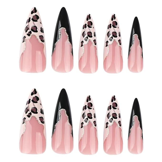 French Tip Press on Nails Long Fake Nails Stiletto False Nails with Leopard Print Design Gold Glitter Glossy Acrylic Artificial Nails Full Cover Stick on Nail for Women 24 Pcs