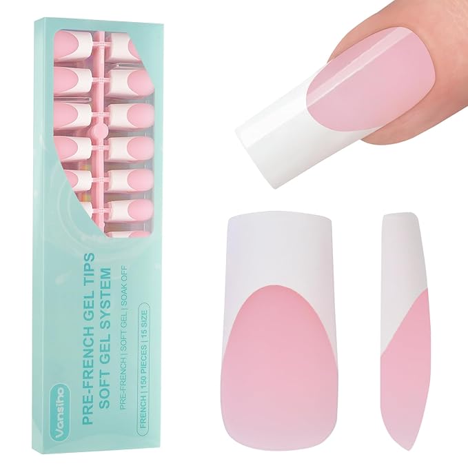 Vansiho French Tip Press on Nails - 150Pcs Long Square Pink Gel Nail Tips, 3 in 1 Pre-French Gel Tips, Fake Nails for Nail Art DIY in 15 Sizes