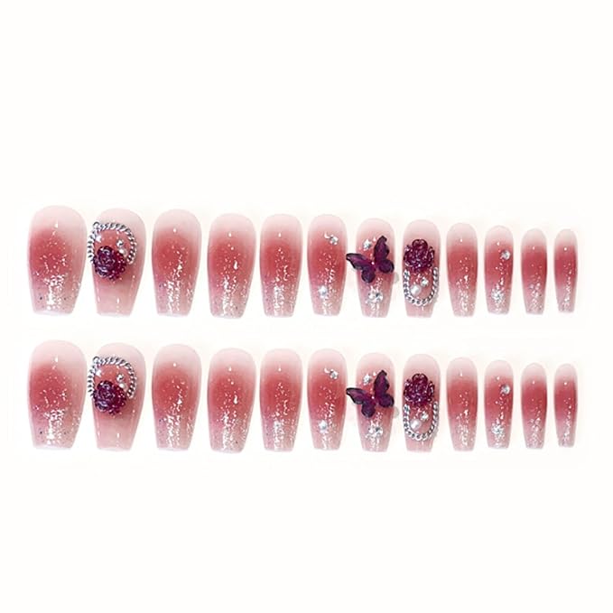 Hkanlre Bling Coffin Press on Nails Fake Nails Tips Full Cover Medium False Gradient Nails for Women and Girls 24PCS (Red Coffin)